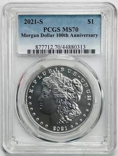 2021 S Modern Morgan Dollar PCGS MS-70 Silver Uncirculated Coin: 2021 S Modern Morgan Dollar PCGS MS-70 Silver Uncirculated Coin This 2021 S Modern Morgan Dollar is a stunning piece, certified by PCGS with a perfect grade of MS-70, marking its 100th anniversary. Cr