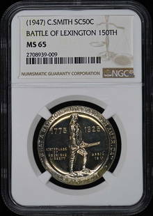 1947 C. Smith Battle of Lexington Commemorative Coin NGC MS65: 1947 C. Smith Battle of Lexington Commemorative Coin NGC MS65 This 1947 C. Smith commemorative coin celebrates the 150th anniversary of the Battle of Lexington. It is graded as MS65 by NGC, indicating