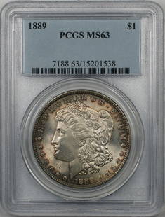 1889 Morgan Silver Dollar Coin PCGS MS 63 Uncirculated Toned Silver: 1889 Morgan Silver Dollar Coin PCGS MS 63 Uncirculated Toned Silver This 1889 Morgan Silver Dollar coin, graded MS 63 by PCGS, showcases a stunning uncirculated condition. Minted in Philadelphia, this