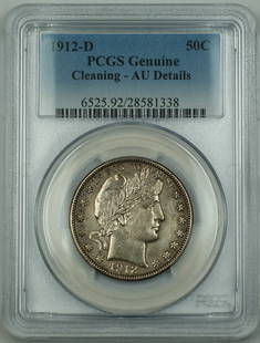 1912-D Barber Silver Half Dollar PCGS AU Details Denver Mint: 1912-D Barber Silver Half Dollar PCGS AU Details Denver Mint This 1912-D Barber Silver Half Dollar is a notable piece certified by PCGS with an AU Details grade, indicating it has been circulated yet