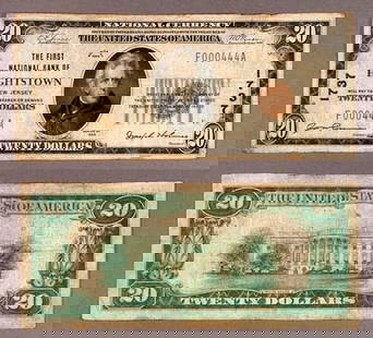 1929 T-1 $20 National Bank Note Charter 1737 Hightstown NJ: 1929 T-1 $20 National Bank Note Charter 1737 Hightstown NJ This $20 National Bank Note from 1929, designated as T-1, is a notable collectible for currency enthusiasts. It is classified as a Very Fine