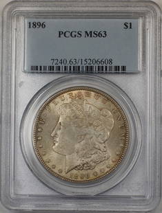 1896 Morgan Silver Dollar Coin PCGS MS 63 Toned Uncirculated Philadelphia: 1896 Morgan Silver Dollar Coin PCGS MS 63 Toned Uncirculated Philadelphia This 1896 Morgan Silver Dollar $1 Coin is certified by PCGS with a grade of MS 63, indicating its uncirculated condition. Mint