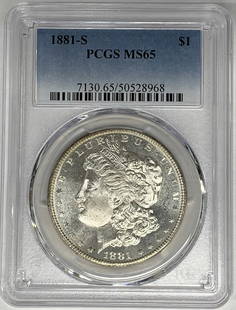 1881-S Morgan Silver Dollar Proof-Like PCGS MS 65 Uncirculated: 1881-S Morgan Silver Dollar Proof-Like PCGS MS 65 Uncirculated This 1881-S Morgan Silver Dollar is a stunning example of American numismatic history. The coin, minted in 1881, features a striking Proo