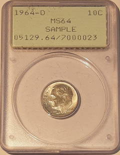 1964-D Roosevelt Dime MS 64 in Vintage PCGS Rattler Holder: 1964-D Roosevelt Dime MS 64 in Vintage PCGS Rattler Holder This 1964-D Roosevelt Dime is housed in a vintage PCGS "Rattler" holder and is graded MS 64, indicating its uncirculated condition. The coin