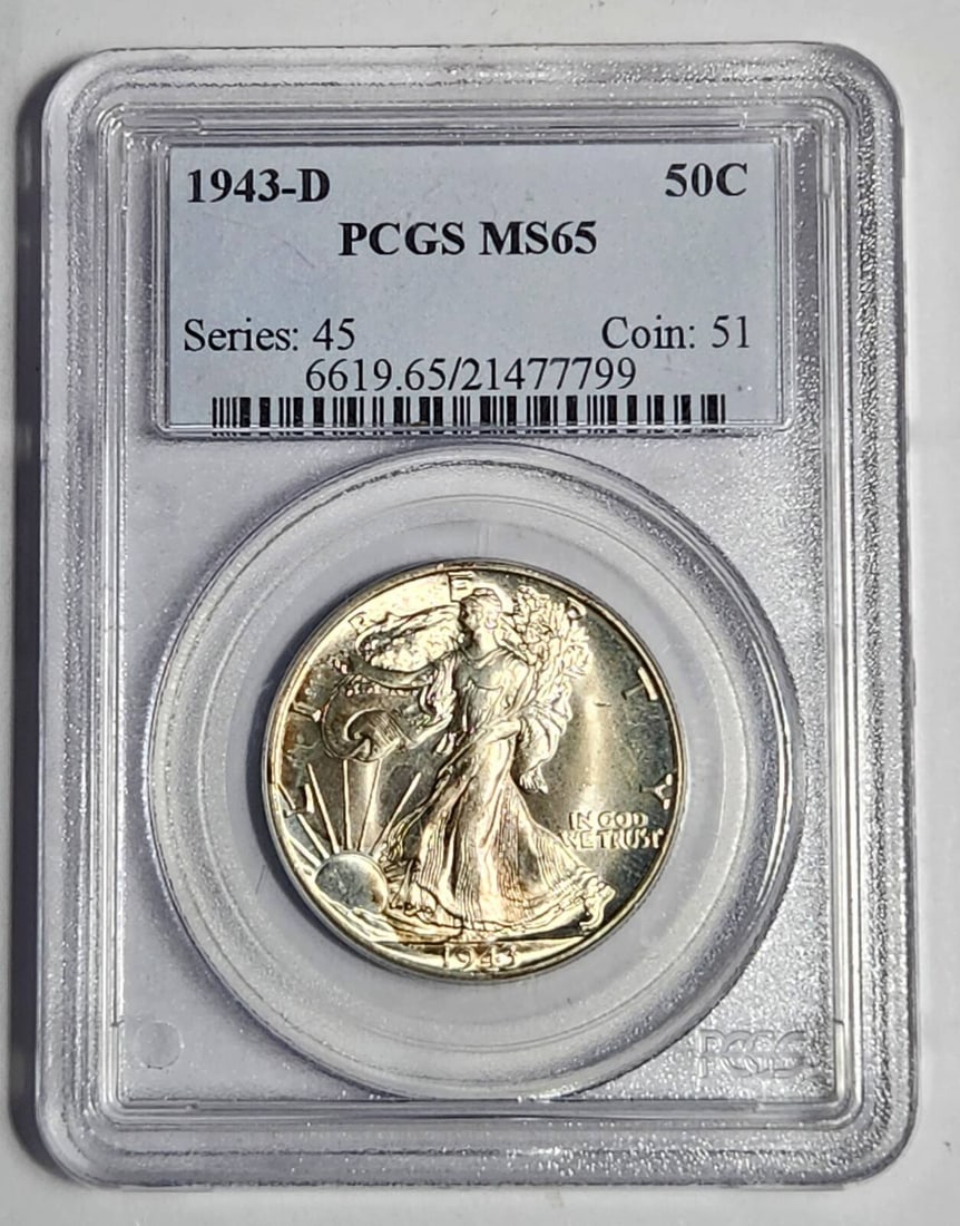 1943 D Walking Liberty Half Dollar PCGS MS 65 Uncirculated Silver Coin: 1943 D Walking Liberty Half Dollar PCGS MS 65 Uncirculated Silver Coin This 1943 D Walking Liberty Half Dollar, certified by PCGS with a grade of MS 65, showcases the stunning artistry and historical