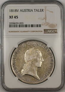1818 Austria Silver Taler Coin NGC Certified XF 45: 1818 Austria Silver Taler Coin NGC Certified XF 45 This 1818 Austria Silver Taler Coin is certified by NGC with a grade of XF 45, indicating its high quality and detail. The coin is composed of silver