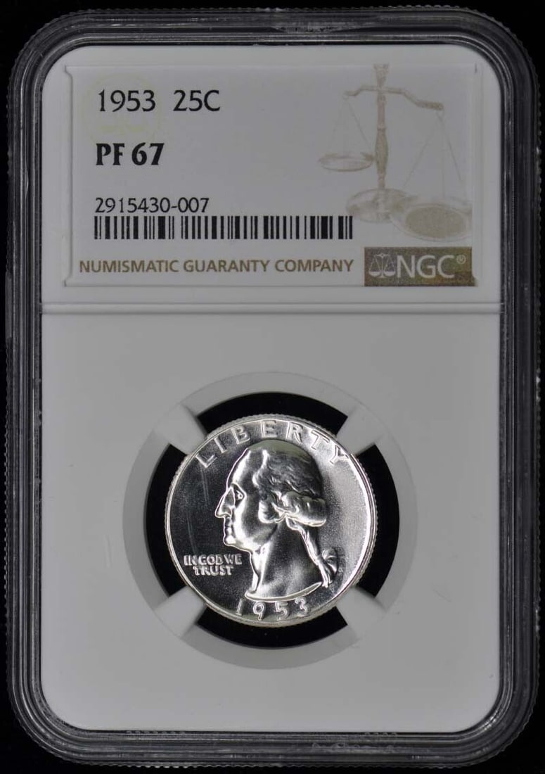 1953 Washington Quarter NGC PR67 Proof Uncirculated Coin: 1953 Washington Quarter NGC PR67 Proof Uncirculated Coin This 1953 Washington Quarter is an uncirculated coin certified by NGC with a grade of PR67. The coin features a proof strike and was minted in