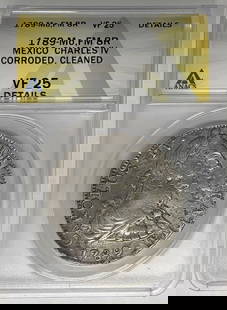1789-Mo,FM Mexico 8 Reales Silver Coin ANACS VF 25 Colonial: 1789-Mo,FM Mexico 8 Reales Silver Coin ANACS VF 25 Colonial This 1789-Mo,FM Mexico 8 Reales Coin is a remarkable piece from the Colonial period, reflecting a rich historical heritage. Certified by ANA
