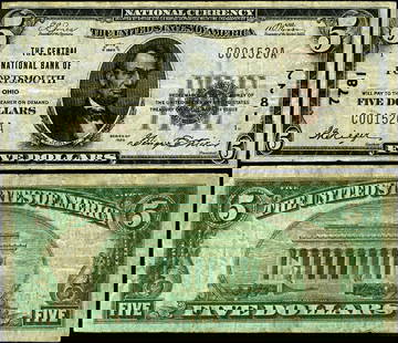 1929 T-1 $5 National Bank Note Portsmouth Ohio Ch #7781 VF: 1929 T-1 $5 National Bank Note Portsmouth Ohio Ch #7781 VF This 1929 T-1 National Bank Note from Central National Bank in Portsmouth, Ohio, features a denomination of $5. Classified as Very Fine (VF),