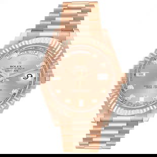 Rolex Daydate 218235 Sundust Diamond Dial President Bracelet: Rolex Daydate 218235 Sundust Diamond Dial President Bracelet This exquisite Rolex Daydate features a stunning sundust diamond dial, elegantly complemented by a fluted bezel and a classic President bra