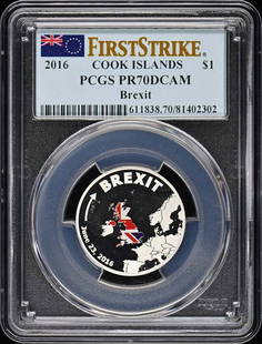 2016 Cook Islands $1 Brexit First Strike PCGS MS70 Coin: 2016 Cook Islands $1 Brexit First Strike PCGS MS70 Coin This 2016 Cook Islands $1 coin commemorates Brexit and has been graded as MS70 by PCGS, indicating it is in uncirculated condition with exceptio