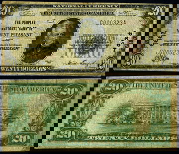 1929 T-1 $20 National Bank Note Peoples NB Mount Pleasant Ohio Fine: 1929 T-1 $20 National Bank Note Peoples NB Mount Pleasant Ohio Fine This $20 National Bank Note from 1929, issued by the Peoples National Bank in Mount Pleasant, Ohio, features a fine grade and is cla