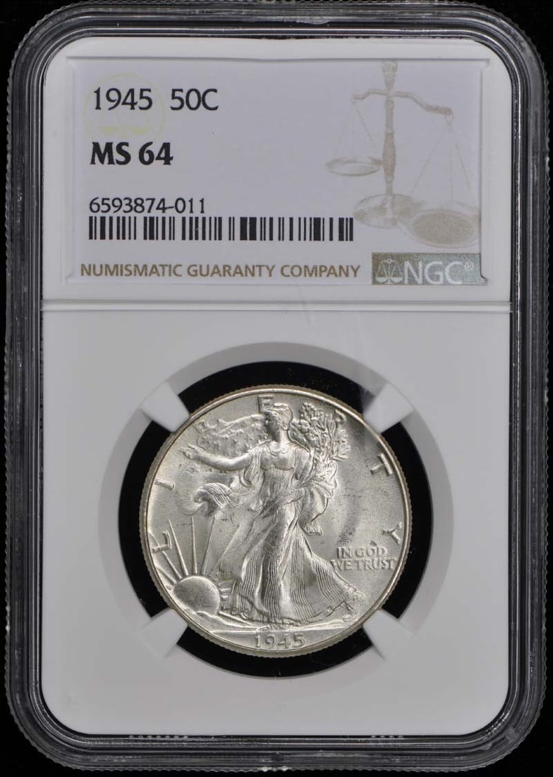 1945 NGC MS64 Walking Liberty Half Dollar Uncirculated: 1945 NGC MS64 Walking Liberty Half Dollar Uncirculated This 1945 Walking Liberty Half Dollar is certified by NGC with a grade of MS64, indicating it is in uncirculated condition. Minted in Philadelphi