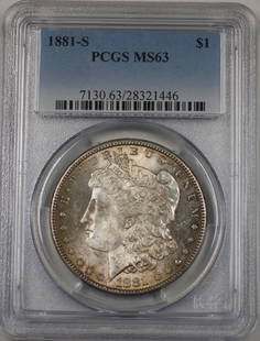 1881-S Morgan Silver Dollar PCGS MS-63 Uncirculated Toned Coin: 1881-S Morgan Silver Dollar PCGS MS-63 Uncirculated Toned Coin This 1881-S US Morgan Silver Dollar features a stunning toning and is graded MS-63 by PCGS, ensuring its uncirculated condition. Minted i