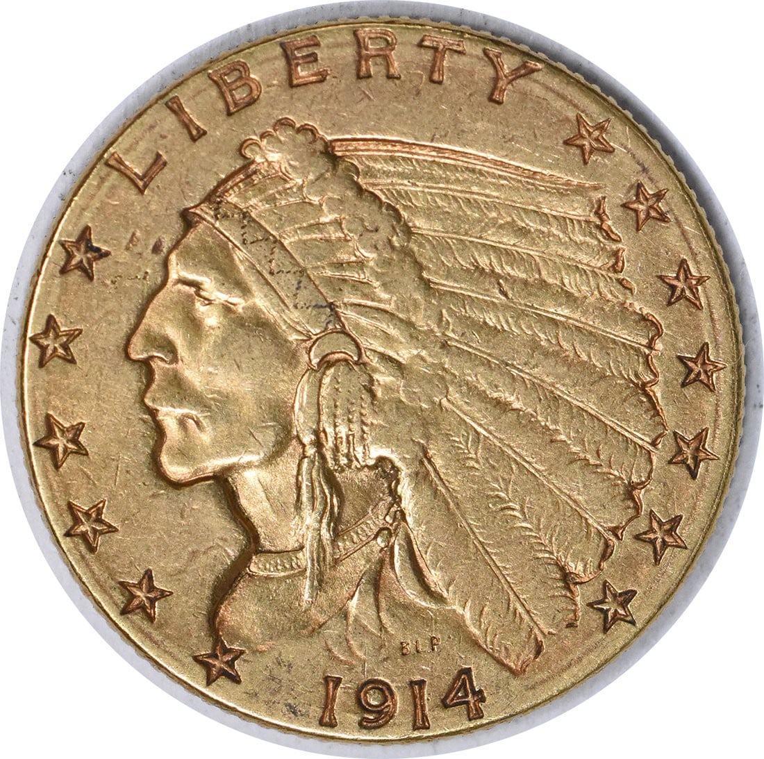 1914-D $2.50 Gold Indian Coin XF Uncertified Denver Mint: 1914-D $2.50 Gold Indian Coin XF Uncertified Denver Mint This 1914-D $2.50 Gold Indian coin features a striking design by Bela Lyon Pratt, reflecting the art and craftsmanship of early 20th-century mi