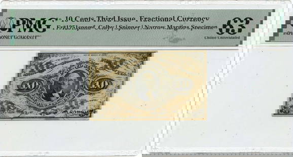 Third Issue 10 Cents PMG CU63 Fractional Currency Specimen Narrow Margins: Third Issue 10 Cents PMG CU63 Fractional Currency Specimen Narrow Margins This Third Issue 10 Cents Fractional Currency note is certified by PMG and graded MS63, indicating its excellent condition. Th