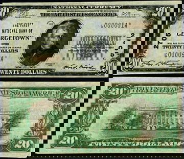 1929 T-1 $20 National Bank Note Georgetown Ohio Ch #2705 XF: 1929 T-1 $20 National Bank Note Georgetown Ohio Ch #2705 XF This 1929 T-1 National Bank Note features a denomination of $20 and is from the First National Bank of Georgetown, Ohio, with charter number
