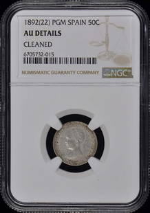 1892 Spain 50C NGC AU Details Coin Uncirculated: 1892 Spain 50C NGC AU Details Coin Uncirculated This 1892 fifty cent coin from Spain is certified by NGC with AU Details, indicating it is in excellent condition yet has some minor imperfections. This