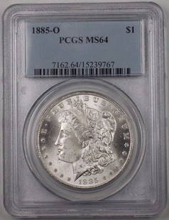 1885-O Morgan Silver Dollar PCGS MS-64 Uncirculated Rim Toned Coin: 1885-O Morgan Silver Dollar PCGS MS-64 Uncirculated Rim Toned Coin This 1885-O US Morgan Silver Dollar is a stunning coin, graded MS-64 by PCGS, showcasing its uncirculated condition. Minted in New Or