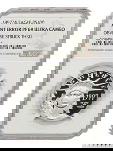 1997-W Platinum Eagle $100 NGC Proof 69 DCAM Struck Thru Error Coin: 1997-W Platinum Eagle $100 NGC Proof 69 DCAM Struck Thru Error Coin This 1997-W Platinum Eagle coin is a remarkable uncirculated piece with a denomination of $100. Certified by NGC with a grade of 69