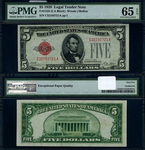 1928 $5 Legal Tender Note PMG CU65 EPQ Gem Certification 1524054-075: 1928 $5 Legal Tender Note PMG CU65 EPQ Gem Certification 1524054-075 This $5 Legal Tender note from 1928 is graded as CU65 EPQ Gem by PMG, indicating its uncirculated condition and excellent quality.