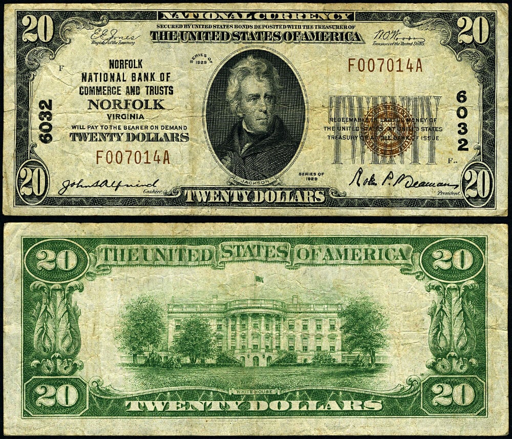 1929 T-1 $20 National Bank Note Norfolk VA Circulated: 1929 T-1 $20 National Bank Note Norfolk VA Circulated This $20 National Bank Note from Norfolk, Virginia, is a 1929 T-1 series bill, showcasing a grade of VF (Very Fine). The note is circulated, indic