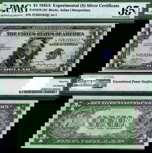 1935-A $1 Silver Certificate PMG CU65 EPQ Gem Uncirculated: 1935-A $1 Silver Certificate PMG CU65 EPQ Gem Uncirculated This $1 Silver Certificate from 1935-A is graded CU65 EPQ Gem by PMG, showcasing its uncirculated condition. This collectible piece is a prim