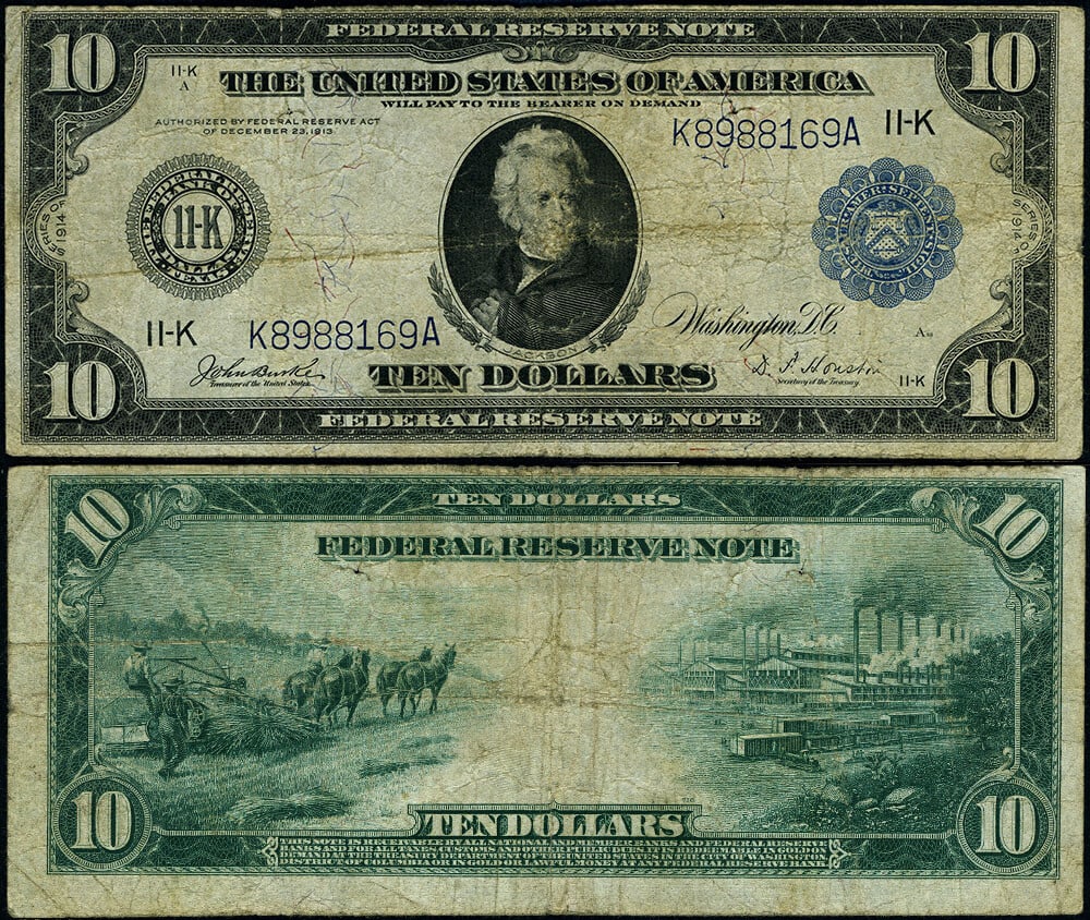 1914 $10 Federal Reserve Note Dallas Circulated Fine: 1914 $10 Federal Reserve Note Dallas Circulated Fine This $10 Federal Reserve Note from 1914, featuring the Dallas district, is a notable piece of currency history. It is circulated and graded as Fine