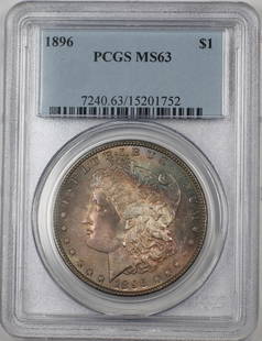 1896 Morgan Silver Dollar PCGS MS-63 Uncirculated Toned Coin: 1896 Morgan Silver Dollar PCGS MS-63 Uncirculated Toned Coin This 1896 Morgan Silver Dollar is a stunning piece, graded PCGS MS-63, showcasing its uncirculated condition. The coin was minted in Philad