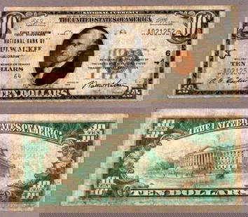 Collectible 1929 T-2 $10 National Bank Note First Wisconsin NB: Collectible 1929 T-2 $10 National Bank Note First Wisconsin NB This $10 National Bank Note from 1929 (T-2 series) is a collectible piece of currency, issued by the First Wisconsin National Bank. The n