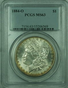 1884-O Morgan Silver Dollar $1 PCGS MS-63 Uncirculated Lightly Toned: 1884-O Morgan Silver Dollar $1 PCGS MS-63 Uncirculated Lightly Toned This 1884-O Morgan Silver Dollar is a stunning piece certified by PCGS with a grade of MS-63. Featuring lightly toned reverse, this