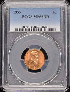 1955 Lincoln Cent Type 1 Wheat Reverse PCGS MS66RD Uncirculated: 1955 Lincoln Cent Type 1 Wheat Reverse PCGS MS66RD Uncirculated This 1955 Lincoln Cent features the Type 1 Wheat Reverse and is certified by PCGS with a grade of MS66RD, indicating it is in uncirculat