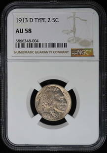 1913-D Buffalo Nickel NGC AU58 Certified Coin: 1913-D Buffalo Nickel NGC AU58 Certified Coin This 1913-D Buffalo Nickel is graded AU58 by NGC, indicating it is in the upper range of circulated condition. Minted in Denver, this coin features the ic