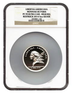 2014 NGC PR70DCAM 5 oz Silver 1776 Libertas Americana Medal: 2014 NGC PR70DCAM 5 oz Silver 1776 Libertas Americana Medal This 2014 restrike of the 1776 Libertas Americana medal is a stunning representation of American history, crafted from 5 oz of silver. Certi