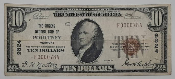 1929 $20 US National Currency Citizens NB Poultney VT Ch#9824: 1929 $20 US National Currency Citizens NB Poultney VT Ch#9824 This 1929 $20 US National Currency note from the Citizens National Bank of Poultney, VT (Ch#9824) is a remarkable piece of American curren