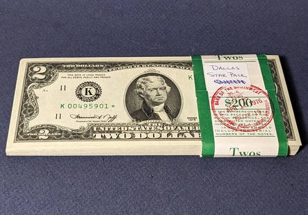 1976 $2 Federal Reserve Note K-* Block Choice Uncirculated: 1976 $2 Federal Reserve Note K-* Block Choice Uncirculated This 1976 $2 Federal Reserve Note is in Uncirculated condition, graded as Choice Uncirculated (CU). It features the K-* block and is an excel