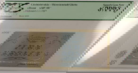 1943 Czechoslovakia Theresienstadt 10 Kronen PCGS 67 EPQ Gem Note: 1943 Czechoslovakia Theresienstadt 10 Kronen PCGS 67 EPQ Gem Note This is a superb gem uncirculated 1943 Czechoslovakia Theresienstadt 10 Kronen note, certified by PCGS Currency with a grade of 67 and