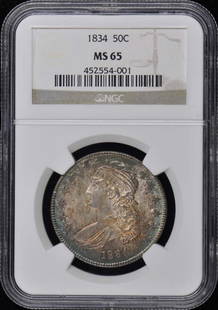 1834 NGC MS65 Capped Bust Half Dollar Uncirculated: 1834 NGC MS65 Capped Bust Half Dollar Uncirculated This 1834 Capped Bust Half Dollar is a remarkable piece, certified by NGC with a grade of MS65, indicating it is in uncirculated condition. Minted in