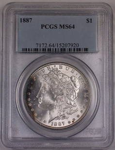 1887 Morgan Silver Dollar Coin PCGS MS 64 Lightly Toned: 1887 Morgan Silver Dollar Coin PCGS MS 64 Lightly Toned This 1887 US Morgan Silver Dollar Coin is certified by PCGS with a grade of MS 64, indicating its uncirculated condition. Minted in Philadelphia