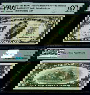 1950-B $10 Federal Reserve Note Richmond PMG CU67 EPQ Superb: 1950-B $10 Federal Reserve Note Richmond PMG CU67 EPQ Superb This 1950-B Federal Reserve Note from Richmond is a remarkable piece of currency. Graded CU67 EPQ by PMG, it is classified as uncirculated