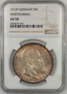 1913 Wurttemberg 5 Mark Silver Coin NGC AU-58 Toned Germany: 1913 Wurttemberg 5 Mark Silver Coin NGC AU-58 Toned Germany This 1913 Wurttemberg 5 Mark coin from Germany is a notable collectible piece, showcasing a grade of AU-58 as certified by NGC. Made of silv