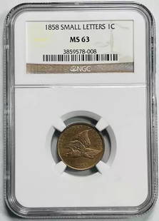 1858 NGC MS63 Flying Eagle Penny Copper Small Letters: 1858 NGC MS63 Flying Eagle Penny Copper Small Letters This 1858 Flying Eagle Penny is a remarkable piece of numismatic history, certified by NGC with a grade of MS 63, indicating it is in uncirculated