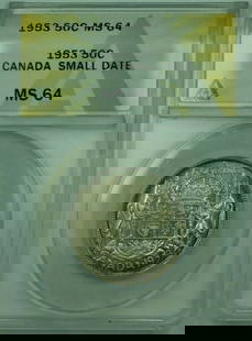 1953 Canada 50c Silver Coin ANACS MS-64 Proof-Like Uncirculated: 1953 Canada 50c Silver Coin ANACS MS-64 Proof-Like Uncirculated This 1953 Small Date Canada 50-cent silver coin features an uncirculated grade of MS-64 and has been certified by ANACS. The coin showca