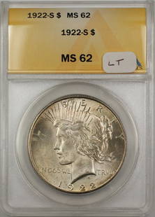 1922-S Peace Silver Dollar ANACS MS 62 Silver Coin Light Toning: 1922-S Peace Silver Dollar ANACS MS 62 Silver Coin Light Toning This 1922-S Peace Silver Dollar Coin is a remarkable piece of numismatic history. Certified by ANACS with a grade of MS 62, this coin fe