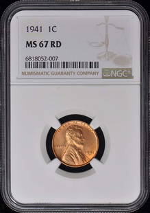 1941 NGC MS67RD Wheat Reverse Lincoln Cent Philadelphia Mint: 1941 NGC MS67RD Wheat Reverse Lincoln Cent Philadelphia Mint This 1941 Wheat Reverse Lincoln Cent is an exceptional piece, certified by NGC with a grade of MS67RD, indicating it is in uncirculated con