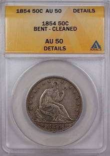 1854 Seated Liberty Silver Half Dollar ANACS AU-50 Circulated Coin: 1854 Seated Liberty Silver Half Dollar ANACS AU-50 Circulated Coin This 1854 Seated Liberty Silver Half Dollar showcases historical significance with its classic design. Certified by ANACS and graded