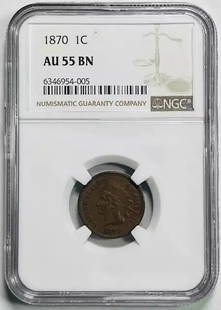 1870 Indian Head Penny NGC AU 55 Certified Copper Coin: 1870 Indian Head Penny NGC AU 55 Certified Copper Coin This 1870 Small Cents Indian Head Penny is a certified coin by NGC, graded AU 55. It features a rich copper composition and is classified as circ