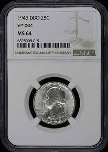 1943 DDO Washington Quarter NGC MS64 Certified Coin: 1943 DDO Washington Quarter NGC MS64 Certified Coin This 1943 DDO Washington Quarter is graded MS64 by NGC, reflecting its uncirculated condition. Minted in Philadelphia, this quarter showcases the ic