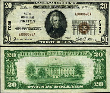 1929 T-1 $20 National Bank Note Piketon OH VF+: 1929 T-1 $20 National Bank Note Piketon OH VF+ This $20 National Bank Note from Piketon, OH, is a 1929 T-1 issue, featuring a vintage design that reflects its historical significance. Graded as VF+ (V