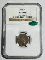 1868 Indian Head Cent NGC AU 50 CAC Copper Coin: 1868 Indian Head Cent NGC AU 50 CAC Copper Coin This 1868 Indian Head cent is certified by NGC with a grade of AU 50 and features a CAC designation, ensuring its quality and authenticity. Struck from